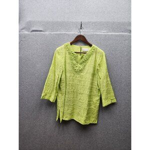 Alfred Dunner Womens Lime Green 3/4 Sleeve Top With Crochet Neck Detail Size 14